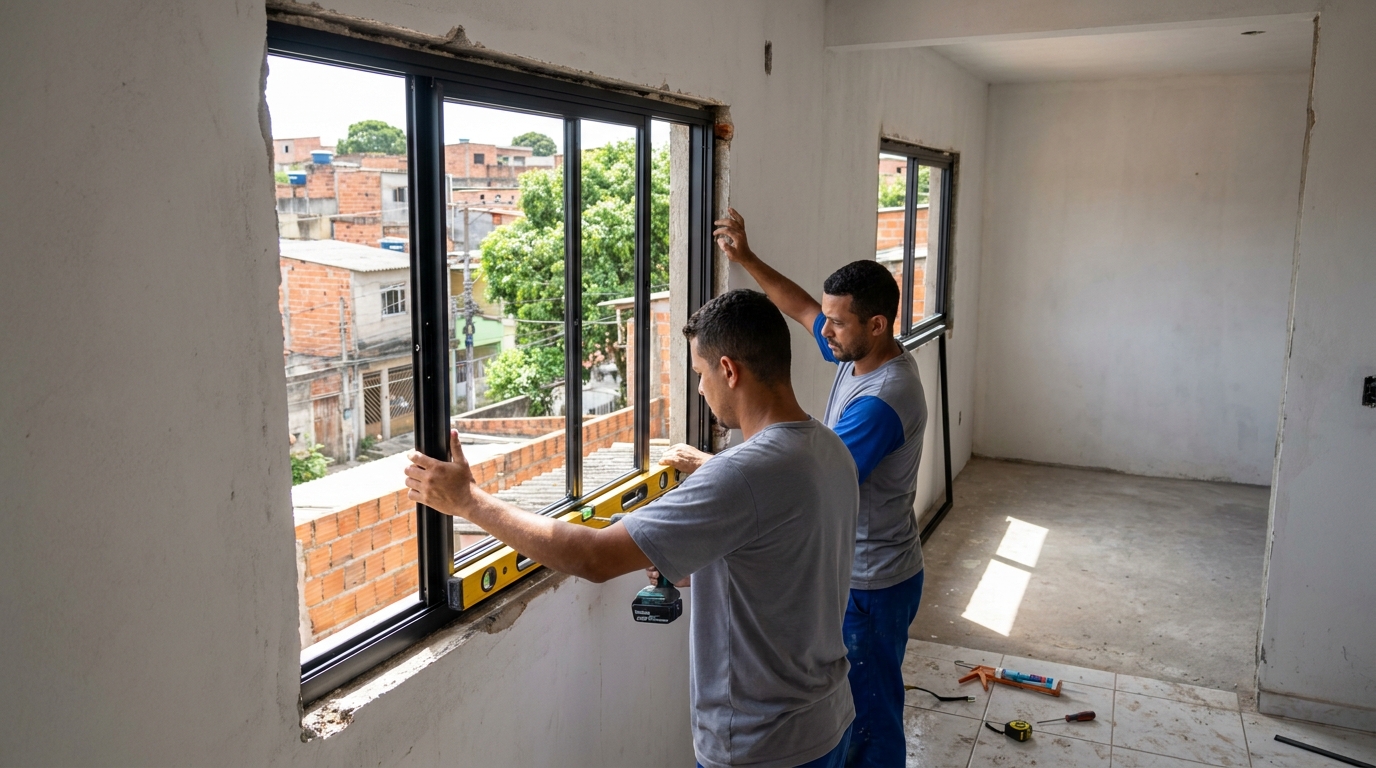 Esquadria de alumínio em obra em Santos-SP