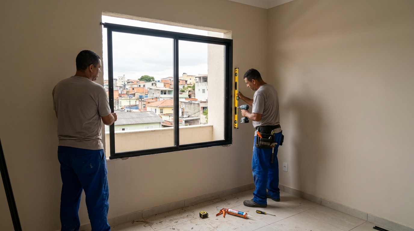 Esquadria de alumínio em quarto bege em Santos-SP