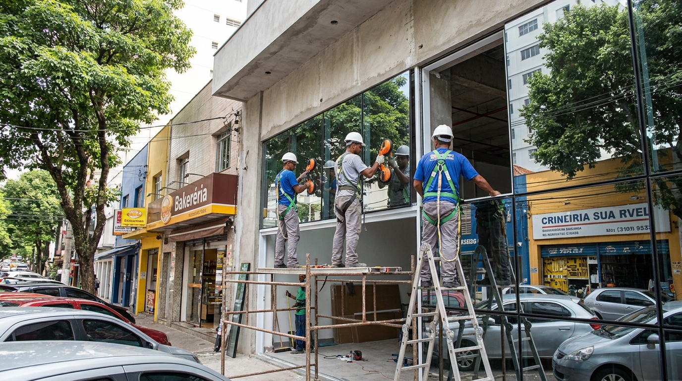 Fachada de vidro com confeitaria vizinha em Santos-SP