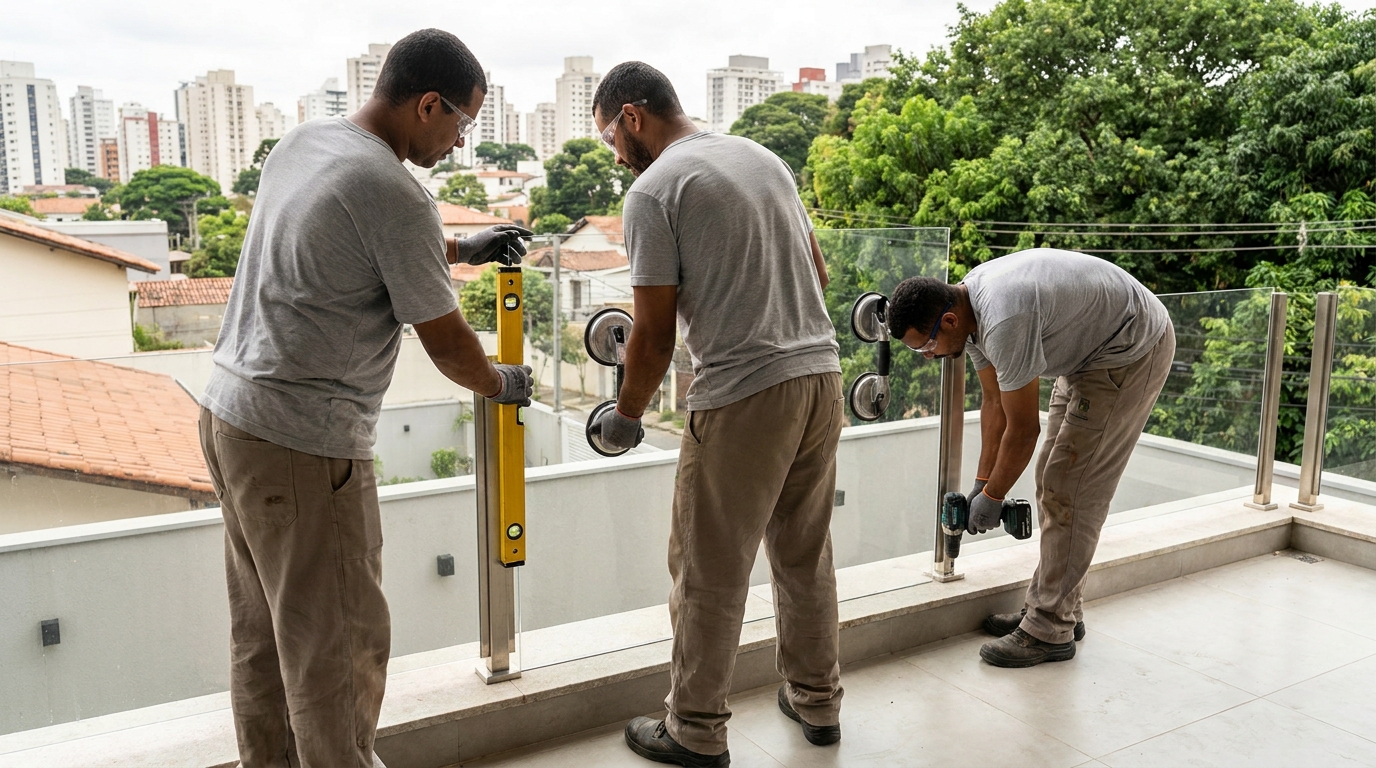 Guarda-corpo em terraço alto com vista cidade em Santos-SP