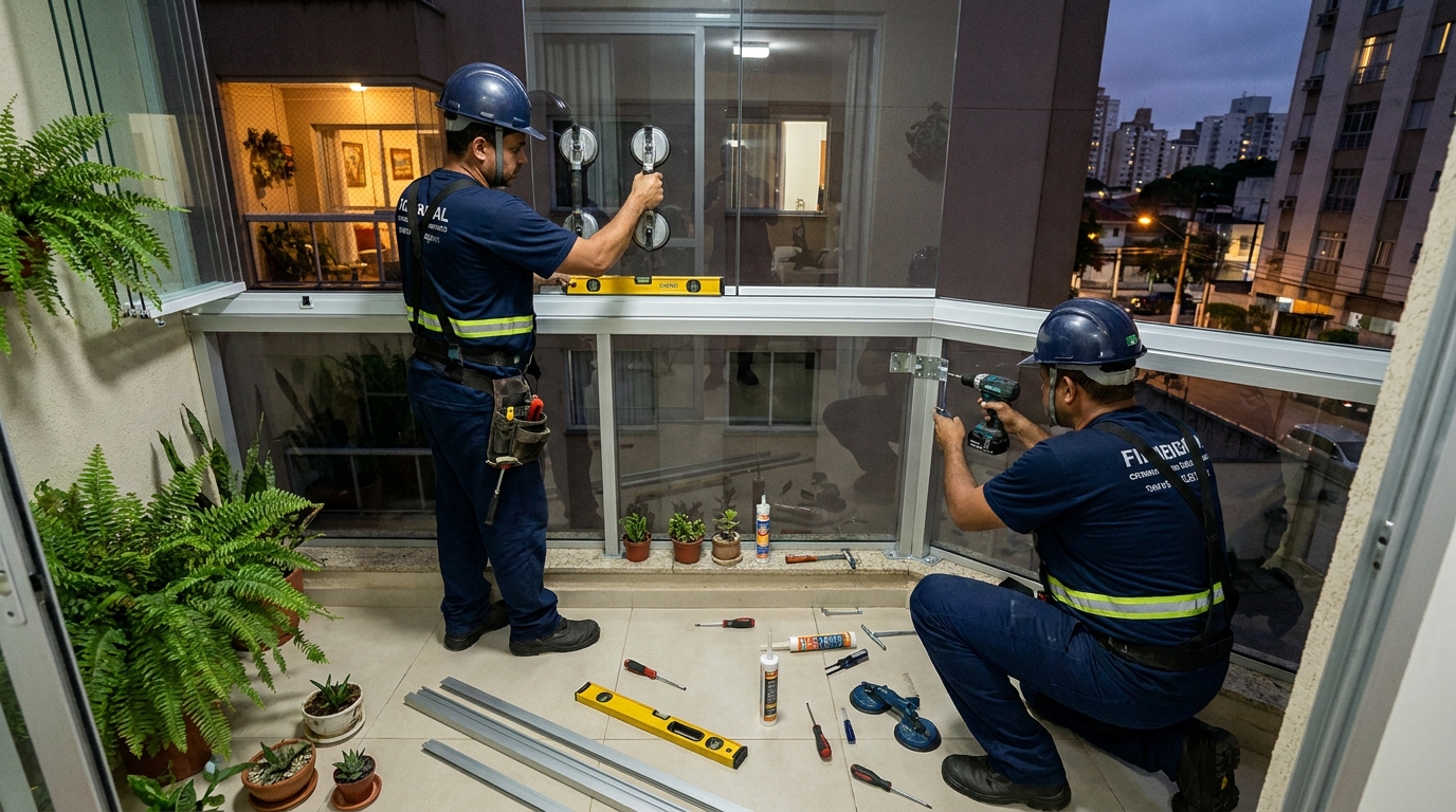 Instalação noturna de parede de vidro em Santos-SP