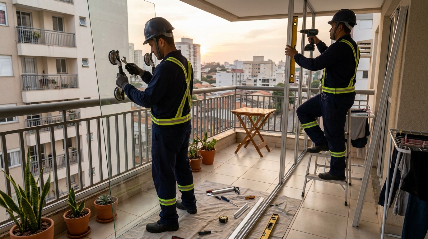 Instalação de parede de vidro em sacada em Santos-SP
