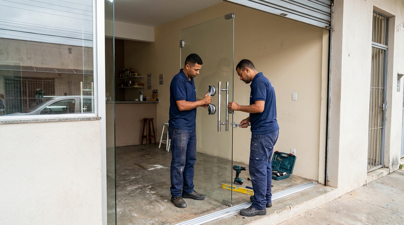 Dupla instalando porta de vidro em loja em Santos-SP